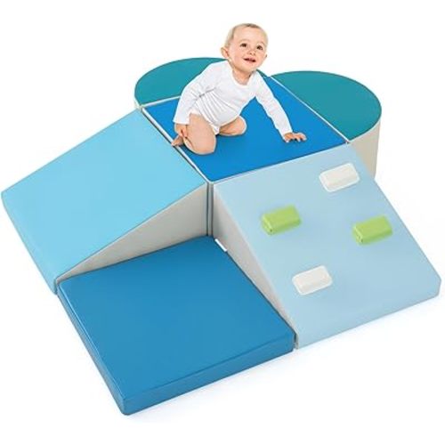 Olakids Climbing Toys for Toddlers, 6 Pieces Baby Foam Blocks Soft Play Set with PU Leather, Indoor Kids Climb and Crawl Sliding Activity Structure Gym Playground Climber (Azure)