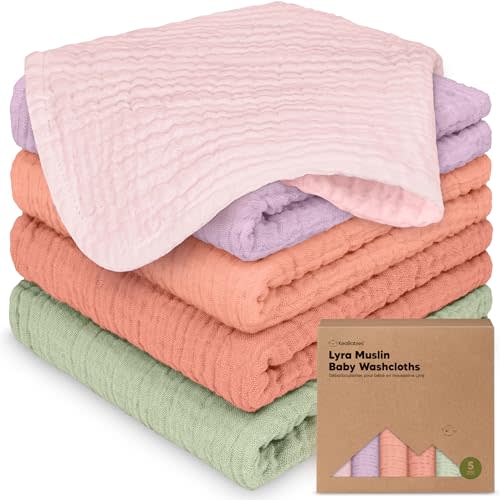5-Pack Muslin Baby Washcloths for Newborn – 12x12" Soft Absorbent Organic Cotton Muslin Wash Cloths for Babies Girl, Boy, Infant, Toddlers,Kids Face Towel,Bath Essentials,Baby Burp Rags (Muted Pastel)