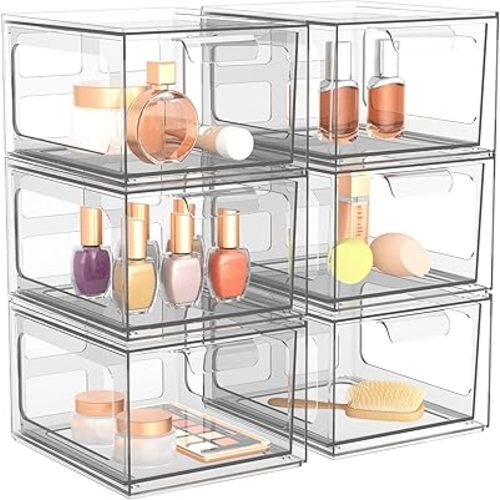 6 Pack Stackable Plastic Makeup Organizer Drawers, Acrylic Organizers, Clear Storage Bins with Pull-Out Handles for Vanity, Kitchen Cabinets, Pantry