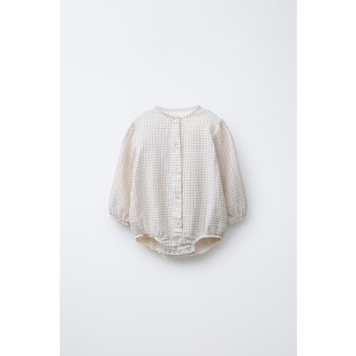 CHECK COTTON GAUZE BODYSUIT - Ecru
