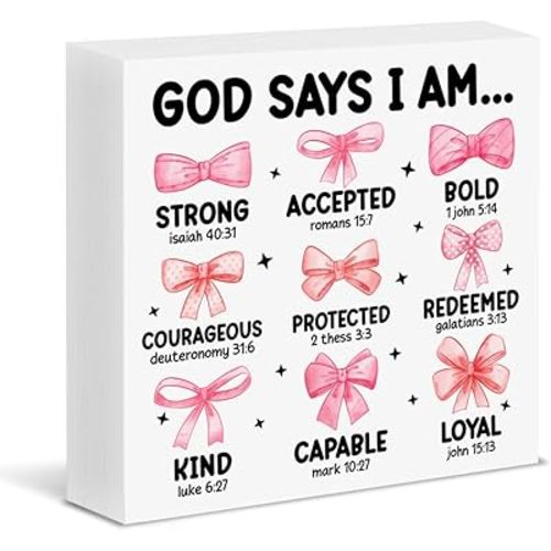 Christian Girls Nursery Sign Decor Pink Bow Bible Verse God Says I Am Wood Block Sign for Preppy Coquette Girl Room Decoration