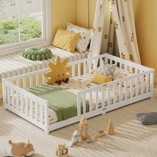 Alvantor Twin Size Floor Bed, Solid Wood Toddler Bed with Slat and Fence Guardrail, Montessori Floor Bed for Kids, Boys, Girls,White