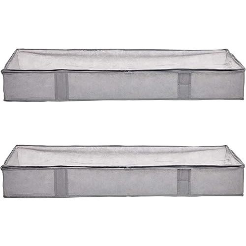 Amazon Basics Under Bed Fabric Zipper Blanket Storage Container Bags with Window and Handles, 2-Pack, 18 x 42 x 6 inches, Gray