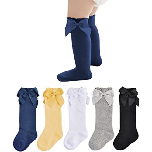 EPEIUS Baby Girl Knee High Socks with Bow, Ruffle Cotton Long Socks