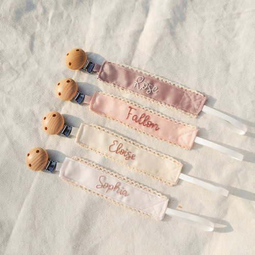 Personalized pacifier clip holder, Personalized fabric pacifier clip with wooden clip,hand embroiered name,baby shower gift