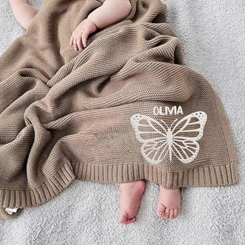 Luxury Personalized Name Butterfly Baby Blanket, Embroidered Name, Soft Breathable Cotton Knit, Newborn Gift