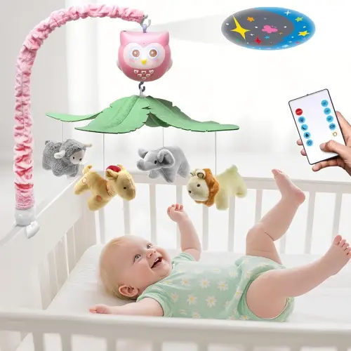 Baby Crib Mobile with Music and Lights for Boys Musical Mobile Animals for Crib Bassinet Girls Toys Hanging Portable Safari Nursery Decor Pink