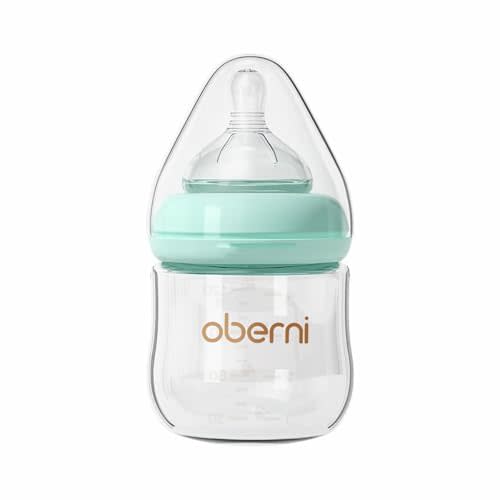 Oberni Glass Baby Bottles,Anti Colic Breastfeeding Bottle with Natural Response Nipple Size S,Wide Neck Slow Flow Baby Bottle for Baby,Newborn,Preemie 0-3 0-6 Month,BPA Free (Blue, 1 Pack, 4 Ounce)