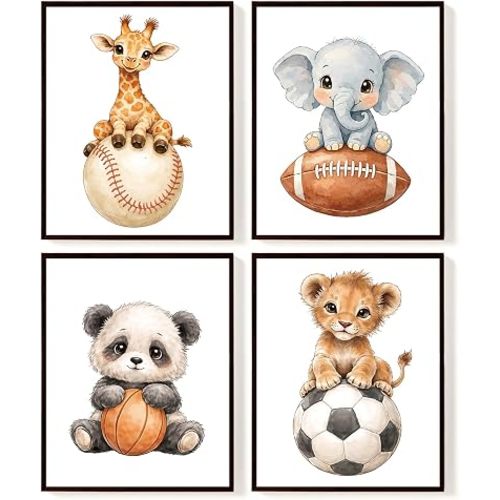 SkyCozy Sports Nursery Decor, Animal Sports Wall Art Posters Set of 4 | Safari Animal Baseball Football Basketball Soccer Prints, Baby Boy Nursery Decor for Kids Room Playroom, 8x10 Unframed