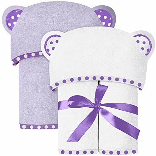 ELSVIN Set of 2 Hooded Baby Towels – White and Purple – Luxurious, Large and Super Absorbent – 30 x 30 Inch – Soft and Suitable for Infants, Toddlers and Kids – 400 GSM
