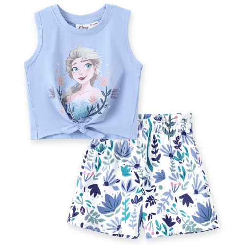Disney Frozen Girls Elsa Graphic Tee Tank Top and Shorts Bottoms Blue Floral Summer Holiday Outfits Baby Toddlers 2T
