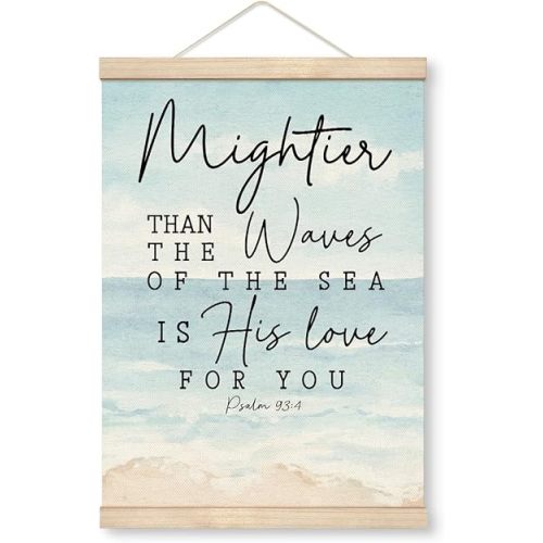 Yxadu Christian Wall Art Canvas Poster - 'Mightier Than The Waves Of The Sea Is His Love For You' (Psalm 93:4), Neutral Nursery Flag, Nursery Decor, Religious Home Decor, 11.8x15.7 Inches