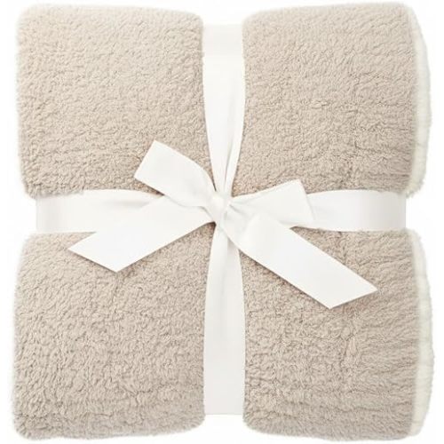 Contrast Trim Sand Stone & White Accent Tip Chic Throw Blanket Couch, Reversible Super Soft Knitted Blankets, Warm Knit Fuzzy Cozy Dreams Plush Lightweight Throws Dupes Sofa Bed 50" x 60"