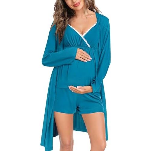 SWOMOG Womens Maternity Robe Set 3 Piece Nursing Pajamas for Breastfeeding 3 in 1 Labor Delivery Hospital Pregnancy Pjs Grey
