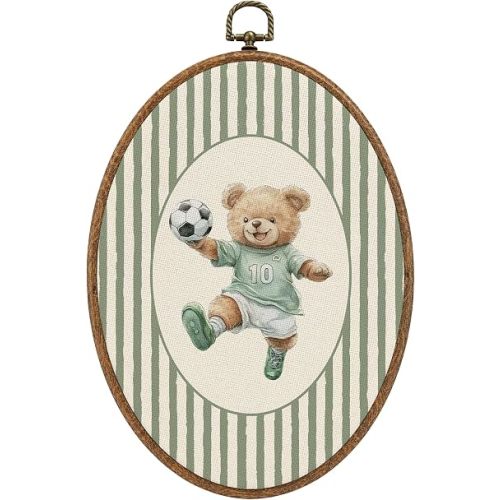 RUKUPA Vintage Soccer Bear Nursery Oval Wall Art, Sports Room Wall Hanging Decor, Green Striped Soccer Player Bear Oval Canvas Artwork Framed Prints for Kids Boys Room Bedroom Playroom, 8.6x11.4 Inch