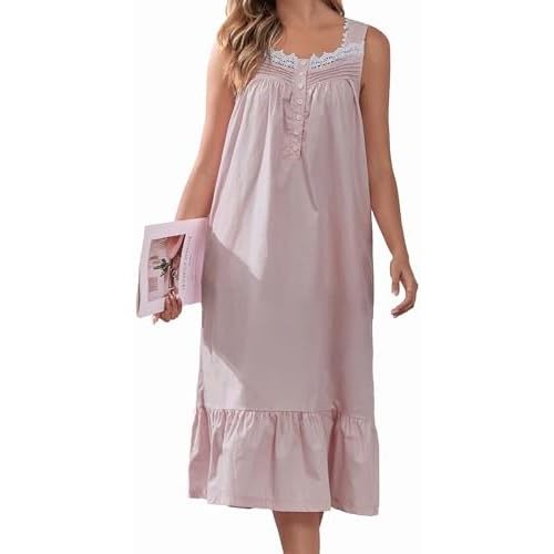100% Cotton Nightgowns For Women Sleeveless Night Gown Long Sleep Dress With Pockets