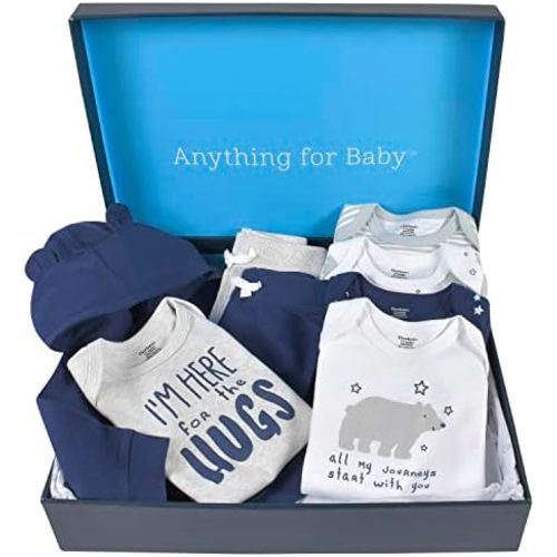 Gerber Baby 8-Piece Clothing Gift Set (5Pk Bodysuits 2Pk Pants & 1Pk Hooded Cardigan), Blue, Newborn