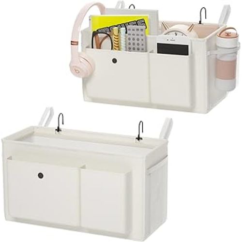 Bedside Caddy Bedside Organizer with Fixed Straps & Water Bottle Holder, Bunk Bed Caddy ideal for Home, Dorm, Hospital, Crib, Versatile Bedside Storage Solution (White 2pcs)