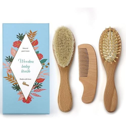 Baby Hairbrush, Baby Massage Brush with Wooden Handle & Super Soft Goat Bristles for Newborns & Toddlers (3PCS)