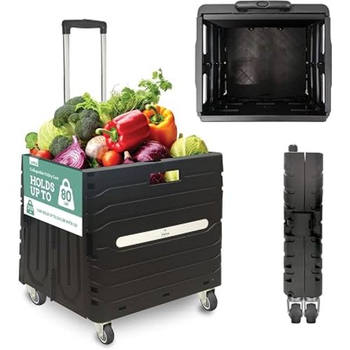 Inspired Living Collapsible Folding Utility Cart, Heavy-Duty Rolling Crate with 360° Wheels, Telescoping Handle, Hidden Lid, Holds 200 Lbs, Black