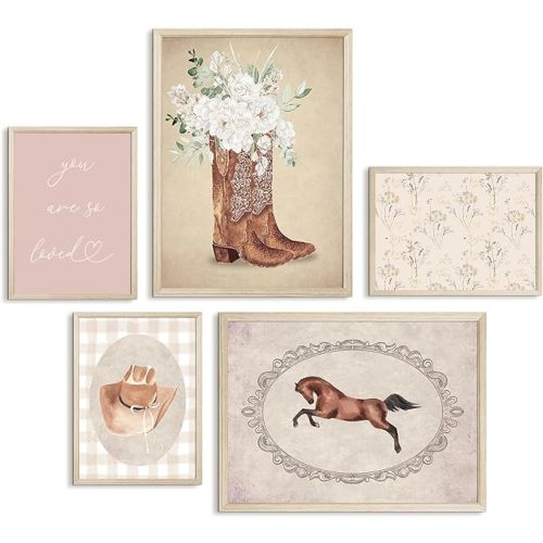 Cowgirl Nursery Wall Art Coquette Western Girl Poster Vintage Horse Floral Canvas Pictures Aesthetic Pink Preppy Room Wall Decor Rustic Cowgirl Prints for Girls Bedroom 12x16x5 Inch Framed