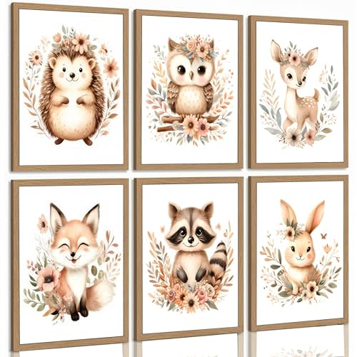 6 Pcs Woodland Nursery Canvas Wall Art Neutral Minimalist Cute Forest Animals Watercolor Paintings Pictures Wall Decor Poster Print Artwork For Kids Room Baby Room Boys Girls Bedroom Unframed