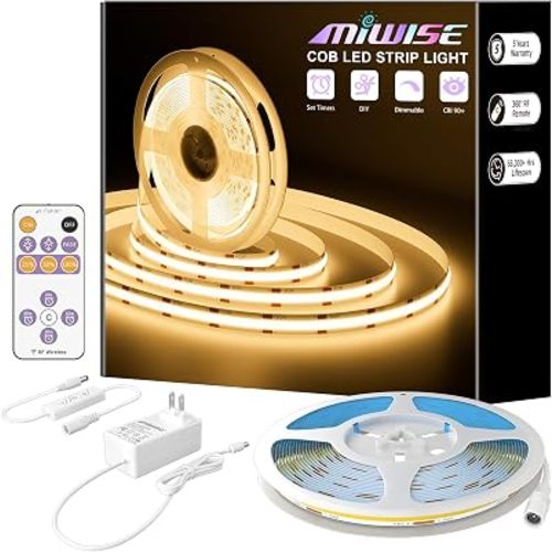 MIWISE COB LED Strip,LED Strip Light 2700K Warm White 20ft Dimmable Super Bright 24V,High Density Flexible Tape Light with RF Remote Timer Function,for Shelf/Cabinet/Bedroom/TV DIY Lighting Project