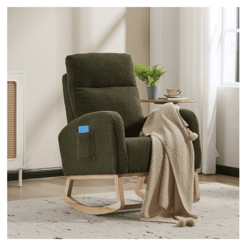 Rocking Chair, Modern Accent Glider Rocker with Wood Legs, Upholstered Nursery Chair, Comfy Living Room Armchair with Pocket (Beige, Teddy)