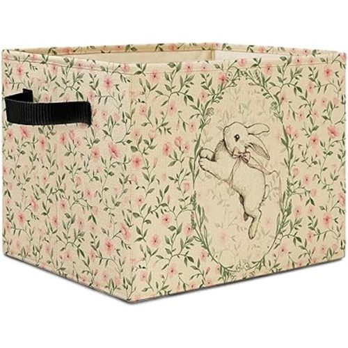 Vintage Bunny Nursery Storage Bins, Cottagecore Easter Rabbit Collapsible Storage Basket Organizer for Girls Room Nursery Bathroom Clothes Toys Books, Toybox for Girls