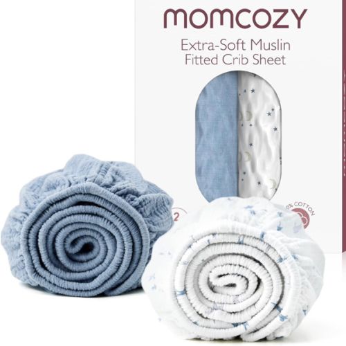 Momcozy Muslin Mini Crib Sheets Fitted - 38''x26'' Pack and Play Sheets for Pack N Play Mattress, 2 Pack Soft & Breathable Natural Cotton Non Slip Bed Cover for Boys, Girls, Blue Star Moon