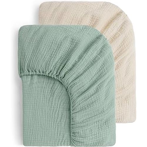 Yoofoss Muslin Crib Sheets for Boys Girls 100% Cotton Fitted Baby Crib Sheet 2 Pack Soft and Breathable for Standard Crib Mattress & Toddler Mattress 52"x28" Apricot&Green