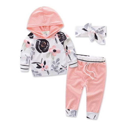 Bilo Infant Baby Girl Floral Pattern Long Sleeve Hoodie and Pants 3 pcs Cotton Outfit (White and Pink Pants, 3-6 Months)