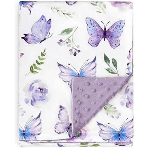 BORITAR Baby Blanket for Girls Soft Plush Minky Fabric, Double Layer Dotted Backing with Elegant Purple Butterfly Pattern Blanket Gift for Toddler Newborn Infant 30 x 40 Inch(75x100cm)