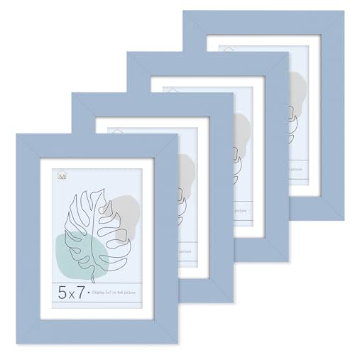 Muzilife Blue 5x7 Wood Picture Frame with Mat, Real Glass Cover, 4 Pack | FSC-Wood, With Back Stand, Display 4x6&5x7 picture, Horizontal or Vertical Wall-Mount Tabletop Photo Frame, Home or Office
