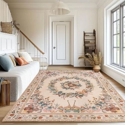 LOVEVOOK Machine Washable Area Rug, Floral Butterfly Rug for Living Room, Modern Beige Area Rug for Bedroom Dining Room Home Decor 5x7 Feet