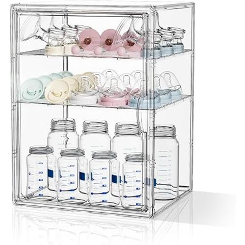 MSHOMEY Baby Bottle Storage Organizer for Countertop Cabinet 4 Tiers Clear Plastic Bottle Station Organizer with 3 Adjustable Divider, Large Baby Bottles Holder Rack for Rings, Nipples, Pump Parts