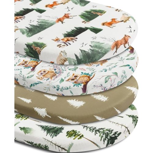4 Pack Bassinet Sheets Woodland Forest Animals Wood Neutral Unisex Fitted Baby Bassinet Sheets Set for Standard Bassinets for Baby Boys or Girls