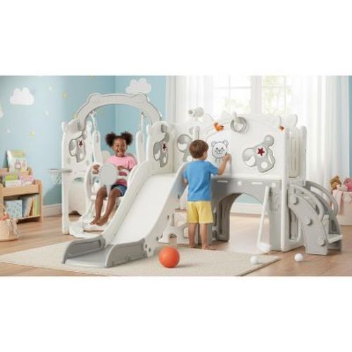12-in-1 Toddler Slide Playset – Indoor & Outdoor Kids Slide with Basketball Hoop, Golf & Drawing Board (Beige & Rosy Brown, 54×62×39 in) (WHITE)