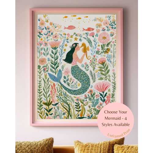 Girl's Room Mermaid and Seahorse Print: Whimsical Coastal Nursery Decor