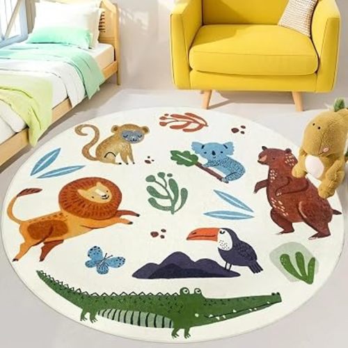 Kids Rug 4Ft Round Zoo Animal Rug for Kids Boys Girls Room Bedroom