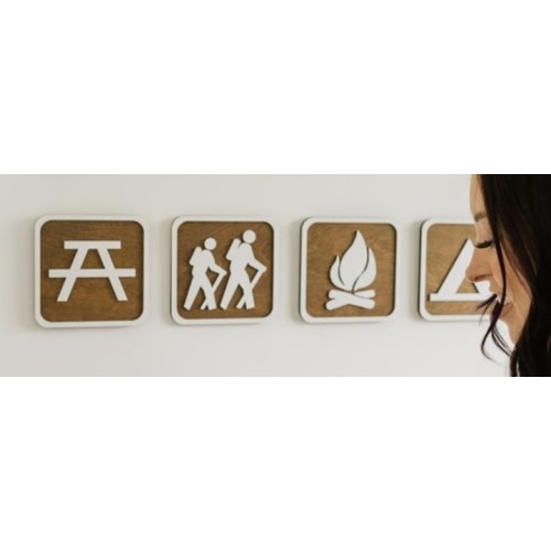 National Park Sign, Hiking Trail Symbol, Camping Wall Art Set, Recreation Plaques, Nursery Gift, Cabin Decor, Choose From 150 Icons (Set of 6 Custom Signs, X-Small (3.5"))