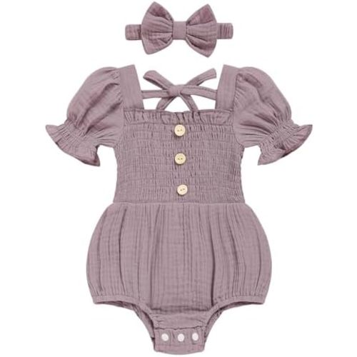 Baby Girl Romper Newborn Puff Sleeve Smocked Outfit with Headband for Infants Soft Cotton Photo Shoot