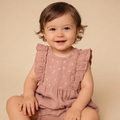 Organic Embroidered Ruffle Romper - Clay
