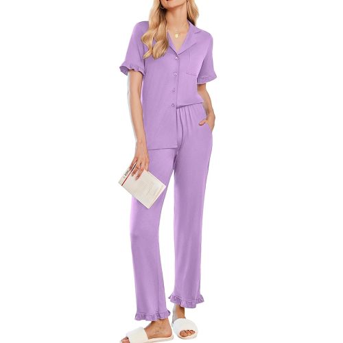 Ekouaer Women's Pajama Sets Ruffle Button Up Pj Sets 2 Piece Short Sleeve Pants Lounge Set with Pockets