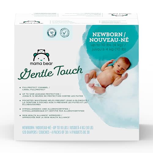 Amazon Brand - Mama Bear Gentle Touch Diapers, Hypoallergenic with Leak Protection, Size Newborn, 120 Count (4 packs of 30)