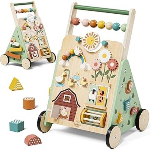 Lehoo Castle Wooden Baby Walker, Adjustable Speed Montessori Walker with Activity Center for Boys Girls, Baby Push Walker Toys for 1 Year Old Learning to Walk