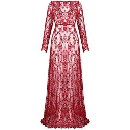 ZIUMUDY Sexy Deep V-Neck Long Sleeve Lace Beach See-Through Maternity Maxi Dress