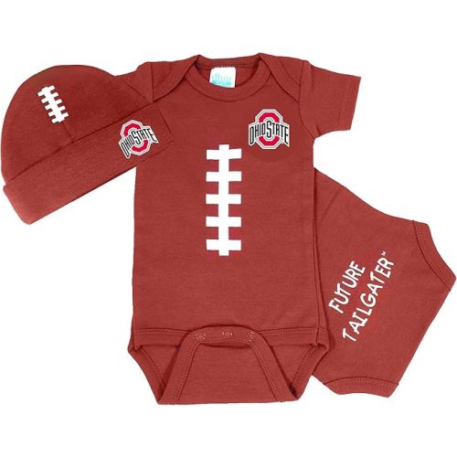 Ohio State Buckeyes Officially Licensed 100% Cotton Brown FT Baby Football Bodysuit and Football Cap Set