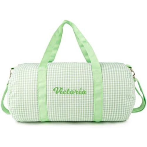 MT WORLD Toddler Duffel Bag Personalized Small Duffle Bags for Kids Monogram Baby Weekender Overnight Bags Green Gingham Dance Bag for Girls with Removable Strap Custom Child Gift