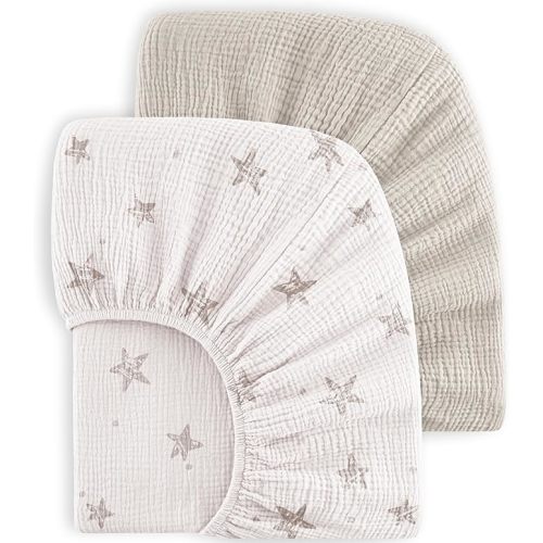 Bearmoss Muslin Crib Sheets - 100% Cotton Baby Crib Sheets Fitted for Standard Crib Mattress & Toddler Bed Mattress 52"x28" Soft Breathable Crib Sheet Neutral for Boys Girls - 2 Pack (White Star)